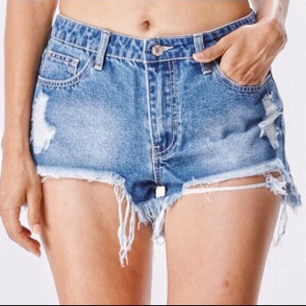 Distressed Denim Shorts Asymmetrical Frayed Hem - Picture 2 of 9